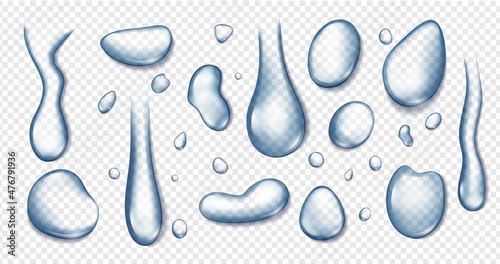 Realistic transparent water drops, clear liquid droplets, raindrops. Condensation on window or glass, rain droplet, tears vector set. Flowing refreshing blue blobs, wet surface with splashes