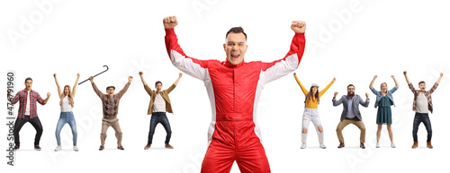 Happy racer and other people behind raising arms