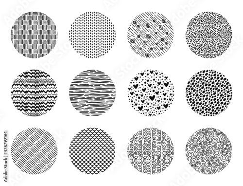Hand drawn circle scribble textures, abstract round shape doodles. Sketch pattern background scribbles with dots or lines vector texture set. Minimalistic repeating design for fabric or wallpaper
