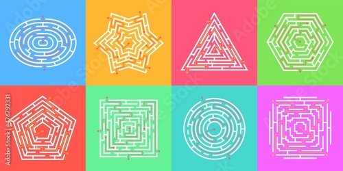 Labyrinth game, finding way puzzle mazes, round maze. Simple labyrinths in various shapes, logic find path games for children vector set. Making choice to find exit, exercising brain