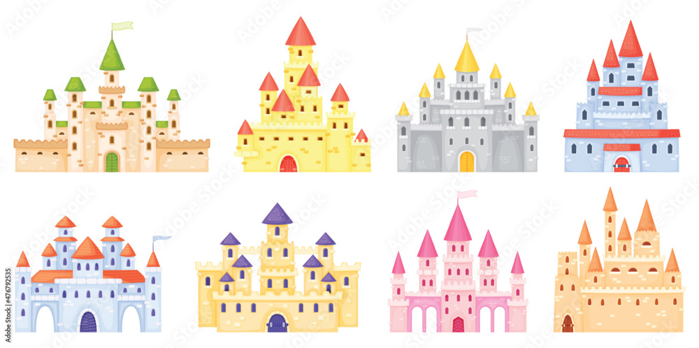 Cartoon medieval castles, fairytale princess castle towers. Fantasy kingdom magic palace, king fortress, gothic mansion exterior vector set. Dream mysterious royal building with gate - obrazy, fototapety, plakaty 