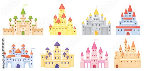 Cartoon medieval castles  fairytale princess castle towers. Fantasy kingdom magic palace  king fortress  gothic mansion exterior vector set. Dream mysterious royal building with gate