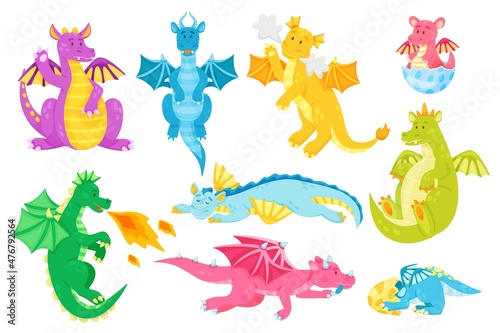 Cartoon fairytale dragon characters, cute baby dragons. Fantasy creature breathing fire, magical flying reptiles, fairy tale animals vector set. Little mythical dinos hatching from egg © Frogella.stock