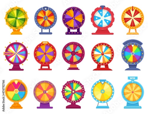Fortune wheels, lucky spinning roulette, casino spin game. Colorful prize wheel, lottery prize roulettes games, money gambling flat vector set. Rotating equipment with random slots
