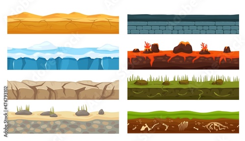 Cartoon seamless landscape grounds types, game foreground elements. Lava, ice, desert, grass ground layer surface texture vector set. Dinosaur bones for archeology research, active volcano