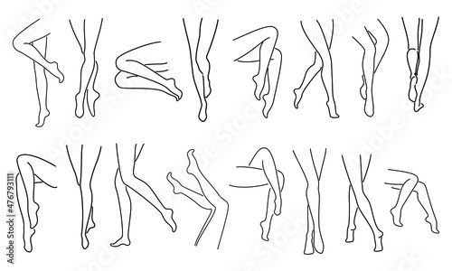 Collection. Silhouettes of human legs and leaves in a modern one line style. Plants solid drawing, decor outline, wall poster, stickers, logo. Vector illustration set.