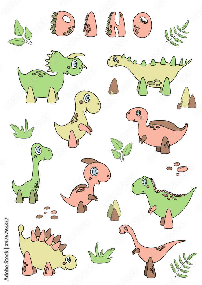 Naklejka premium Vector poster with nine cartoon dinosaurs, leaves, stones and lettering “Dino”. Children’s room decor, print, stickers, card.