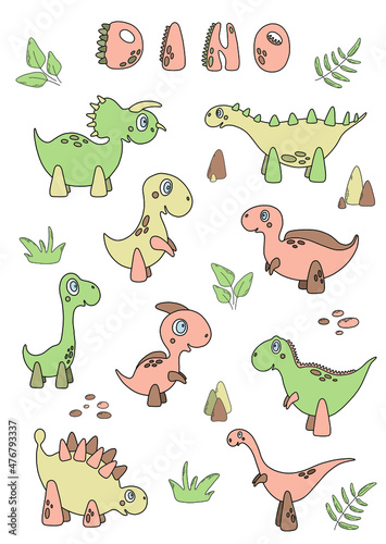 Vector poster with nine cartoon dinosaurs  leaves  stones and lettering    Dino   . Children   s room decor  print  stickers  card.