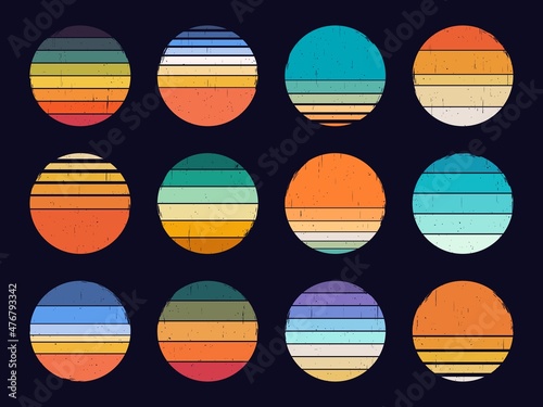 Retro sunset, abstract 80s style grunge striped sunsets. Vintage colorful striped circles for logo or print design elements vector set. Round symbols for tropical sunshine t-shirt print