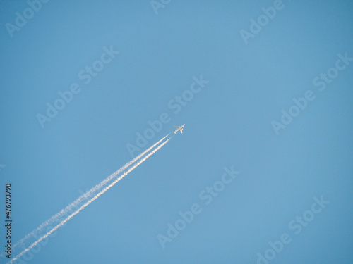 Aeroplane / Airplane Jet in flight Clear Blue Sky with White Cloud Trail 