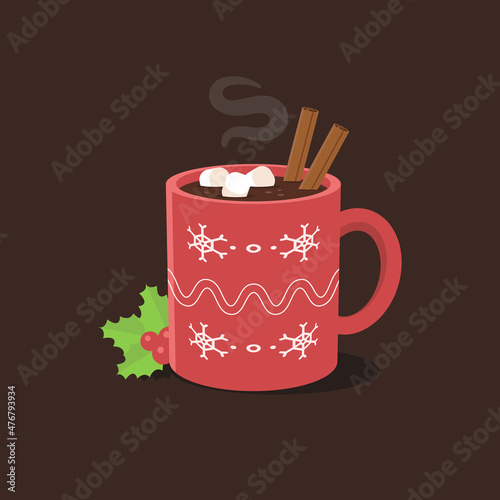 Christmas styled mug with hot cocoa and marshmallows drink vector illustration