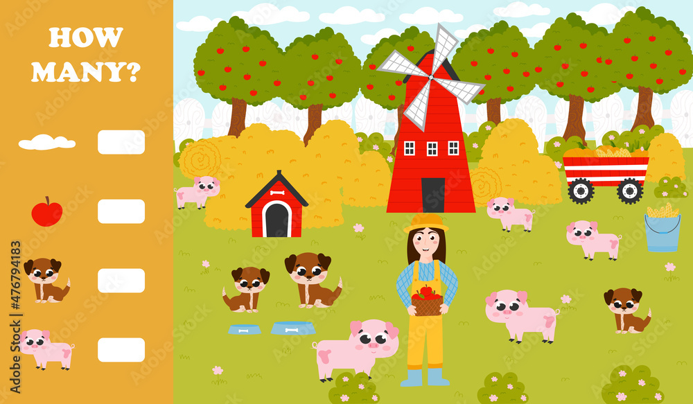 Obraz premium Counting game for kids with farm animals - pigs, farmer girl gathering apples in apple tree garden, dogs and doghouse
