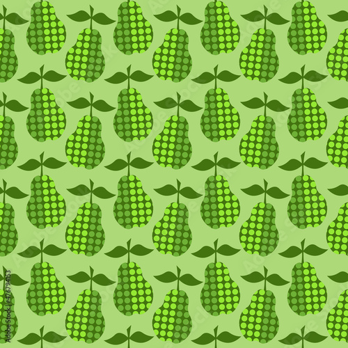 Green pears with a pattern of circles. Fruit pattern. Vector illustration. For covers, prints, packaging, flyers, fabrics, the fashion industry and shops.