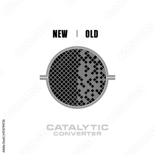 Cutaway of the catalytic converter. System concept before and after emissions from an internal combustion engine. New and old. Transport repair, replacement of cleaning systems