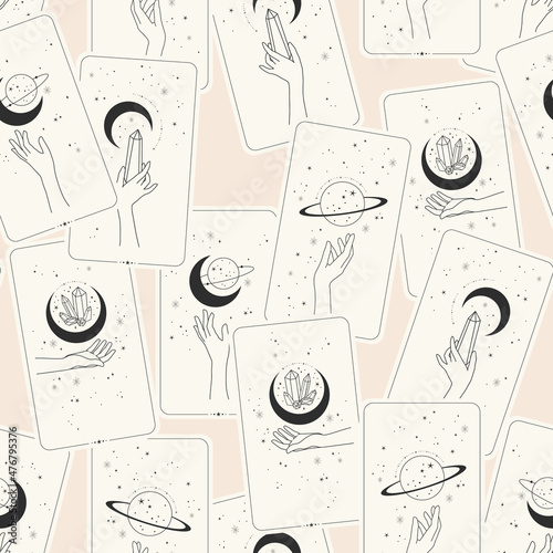 Tarot deck ditsy pattern repeat. Scattered cards with celestial modern spiritual illustrations. Vector surface design for yoga, spiritual, coaches, tarot and universe lovers.