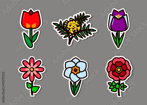Spring Flowers icons set. Bright messengers of spring. Cheerful yellow mimosa, red tulip, lilac crocus, delicate daisy, beautiful daffodil and the queen of flowers is a rose.