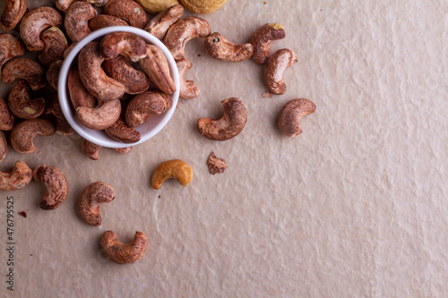 cashews isolated on light background. Top view. Flat lay