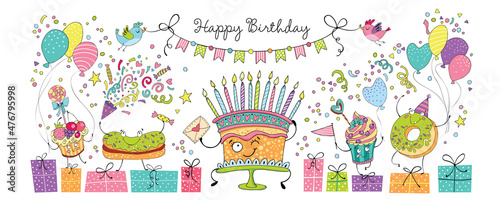Cute birthday party elements vector illustrations set. Cake, cupcakes, confetti, balloons, paper party hats, flags, candies, gifts for kids isolated on white background.