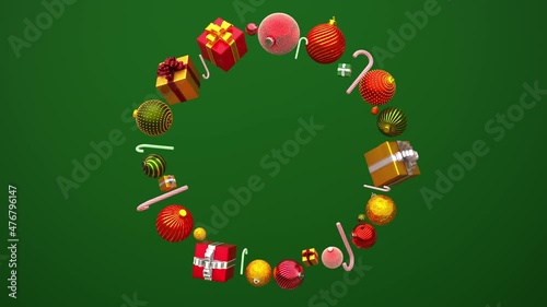 Christmas loop background. Christmas balls, gift boxes, candies and lollipops fly in circle on green backdrop. New years and xmas bright dynamic 3d animated greeting card with copy space.