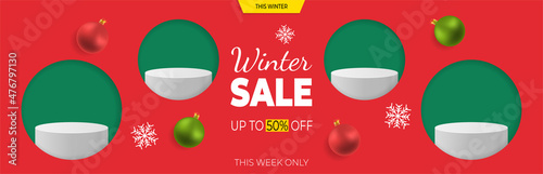 Winter sale red banner design with white 3d podium and realistic toys. Up to 50 off.