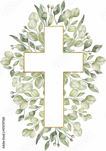 Quadro em tela Watercolor hand painted  Floral Cross Clipart, Easter Religious greenery illustr