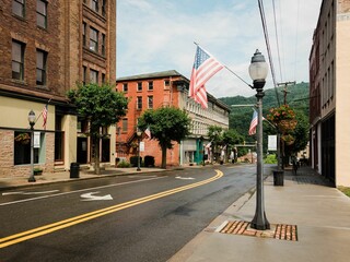 Street and American flags in downtown Hinton, West Virginia