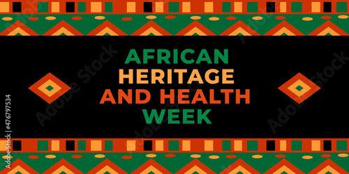 African heritage and health week. Vector web banner, poster, card for social media, networks. Text African heritage and health week. Inscription and pattern on a black background.