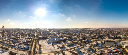 Canvas winter panoramic landscape of Korenovsk city center (South of Russia) - snow-cov