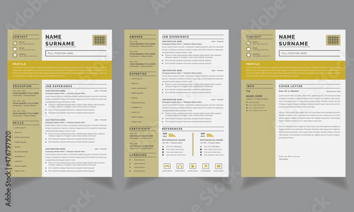 Professional and Clean Resume Layouts Cover Letter Page Set yellow Sidebar 