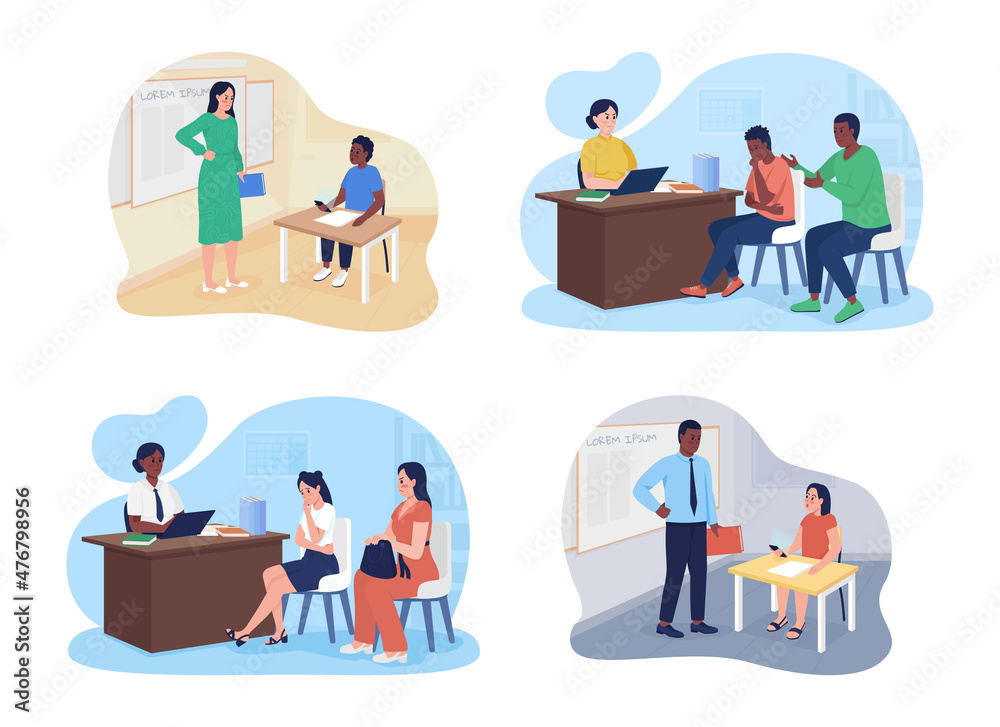 Dealing with smartphones with classroom 2D vector isolated illustrations set. Worried parents and teachers flat characters on cartoon background. Visit to principal office colourful scenes collection Dealing with smartphones with classroom 2D vector isolated illustrations set. Worried parents and teachers flat characters on cartoon background. Visit to principal office colourful scenes collection