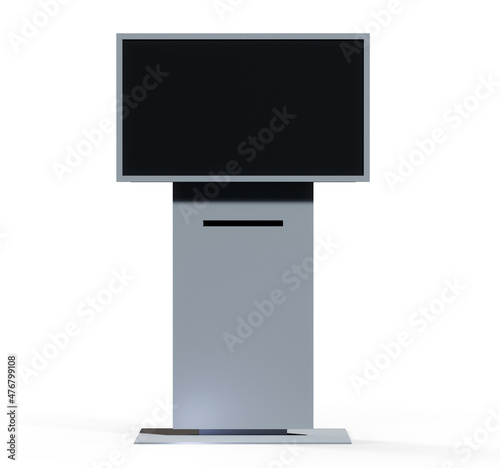 Silver Metallic Interactive Information Terminal. Front View of a Touch Screen Kiosk Stand . 3D Render of a Console with a Blank Empty Screen Isolated on a White Background.