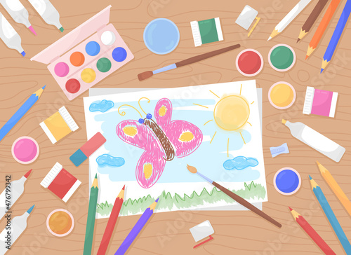 Childrens painting flat color vector illustration. Arts and crafts for kids. Paintbrushes and color palettes. Top view 2D cartoon illustration with desktop on background collection
