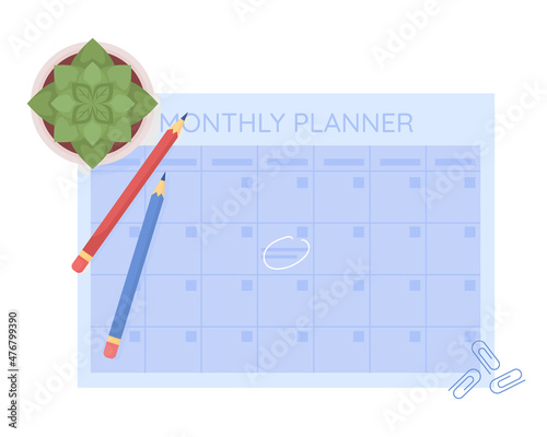 Monthly calendar semi flat color vector object. Paper sheet for planning tasks. Realistic item on white. Lifestyle isolated modern cartoon style illustration for graphic design and animation