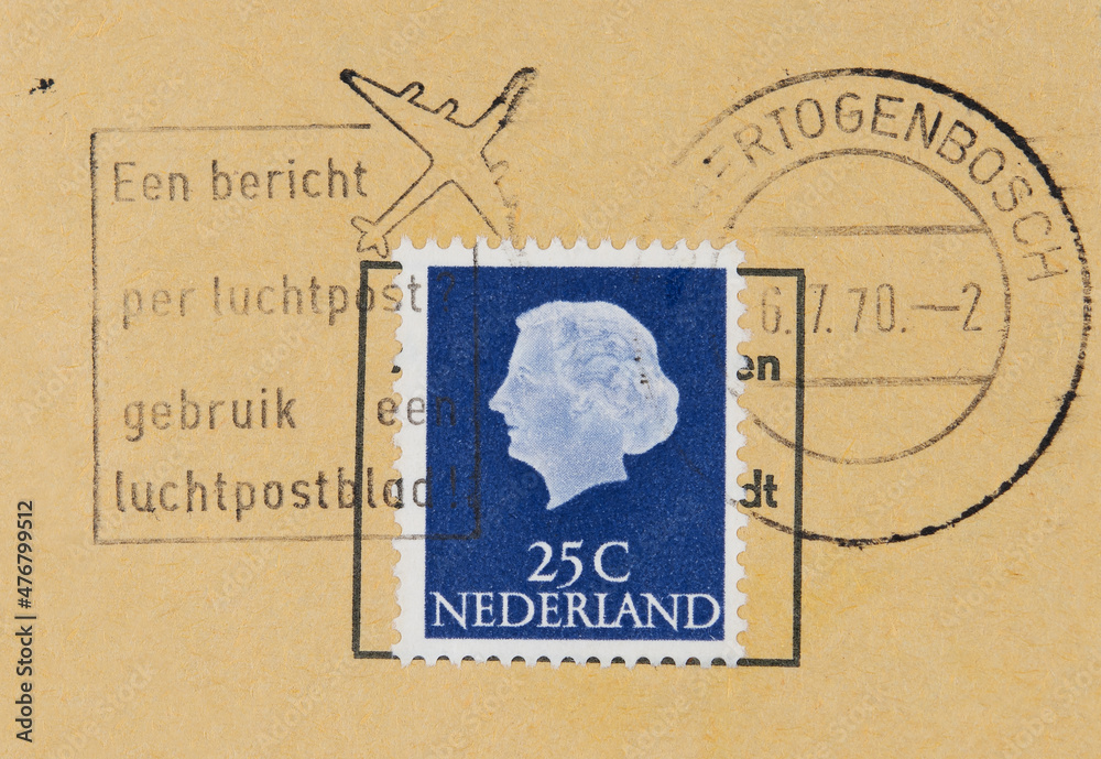 briefmarke stamp vintage retro alt old gestempelt used frankiert cancel papier paper flugzeug slgoan werbung holändisch dutch nederland niederlande netherlands blau profile kopf head 25c nachricht