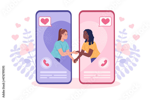 Online communication with partner flat concept vector illustration. Two girls in love isolated 2D cartoon characters on white for web design. Meeting soulmate through dating app creative idea