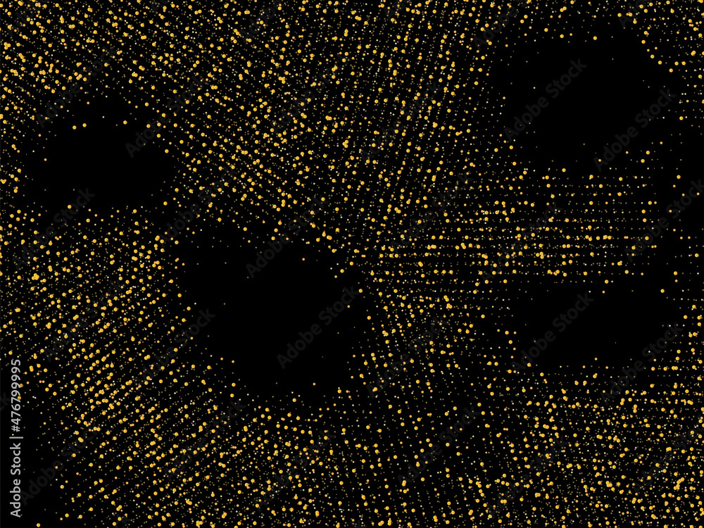 Gold glitter confetti on a black background. Shiny sand particles scattered in a circle. Decorative items. Luxury background for your design, greeting cards, invitations, vector