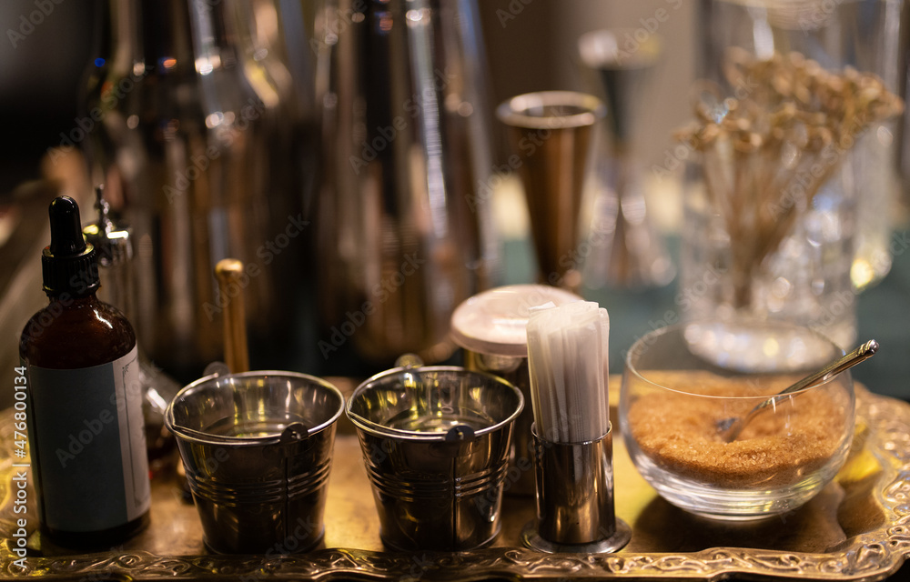 set for coffee and spirits on the bar in the bar. set for coffee and spirits on the bar in the bar.