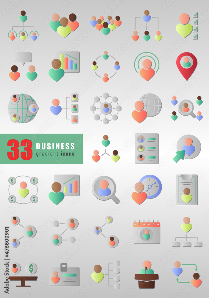 33 business icons in gradient style with shadow. Symbols for e-commerce, accounting, banking, finance, office, money, contact, social, network, audit, media, infographic, etc. Vector EPS 10 33 business icons in gradient style with shadow. Symbols for e-commerce, accounting, banking, finance, office, money, contact, social, network, audit, media, infographic, etc. Vector EPS 10