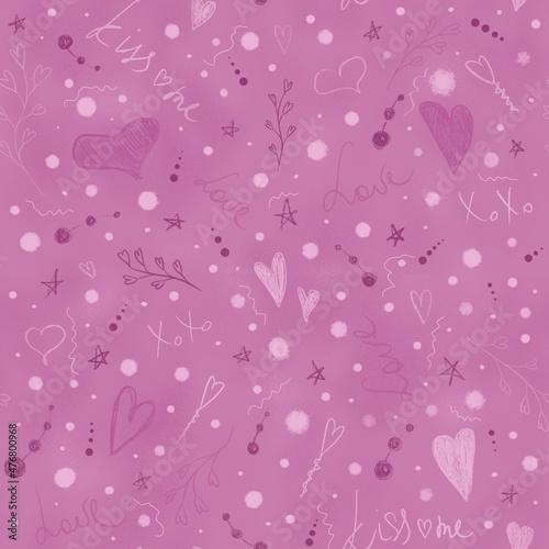 Digital seamless pattern with pink hearts, stars, doodles. Romantic love pattern.
