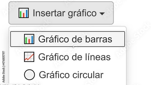 Spanish. Cursor Slides Over and Clicks Insert Bar Chart in Spreadsheet. Mouse Pointer on Device Computer Monitor Screen Clicking Add Column Graph on Worksheet File For Company Business Assignment