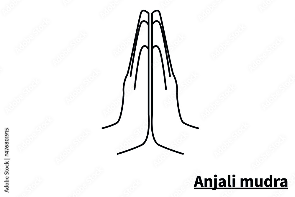 Anjali mudra, isolated on white background. Meditation technique for health. Correct placement of the fingers. Vector Anjali mudra, isolated on white background. Meditation technique for health. Correct placement of the fingers. Vector