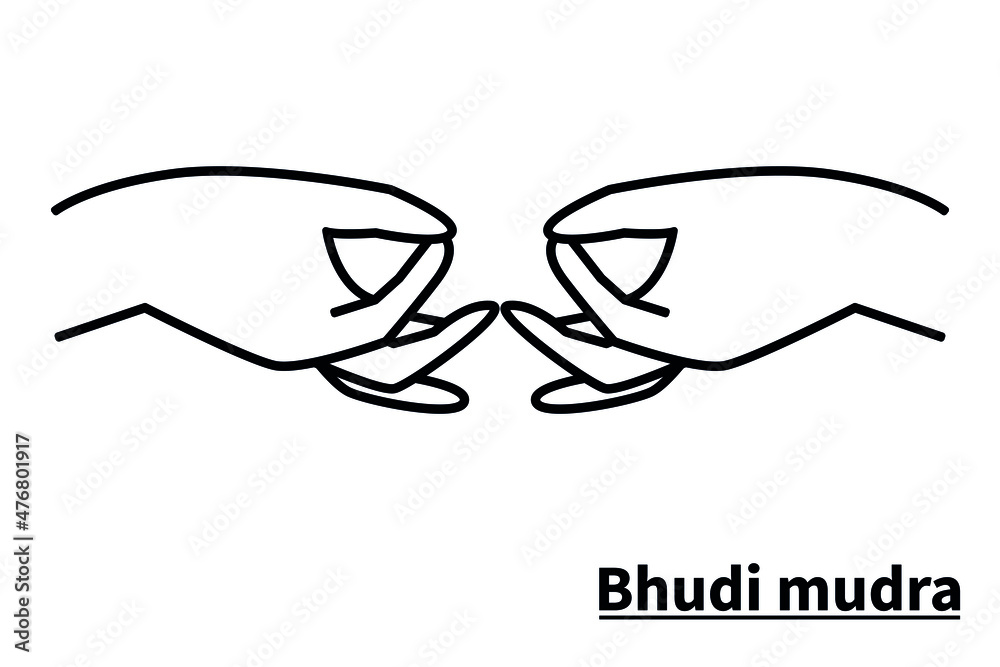 Bhudi mudra, isolated on white background. Meditation technique for health. Correct placement of the fingers. Vector Bhudi mudra, isolated on white background. Meditation technique for health. Correct placement of the fingers. Vector