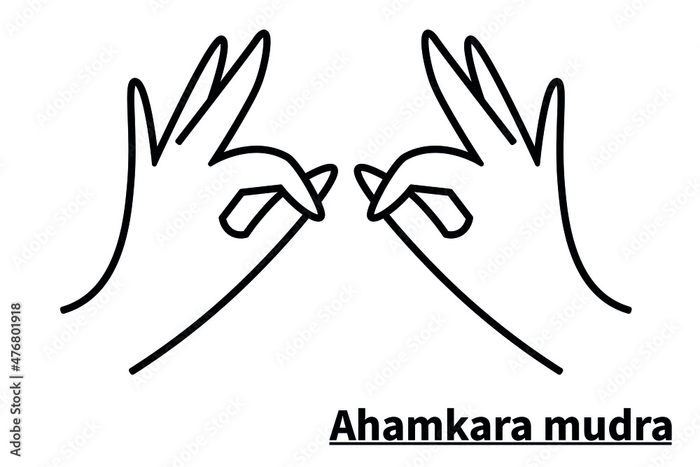 Ahamkara mudra, isolated on white background. Meditation technique for health. Correct placement of the fingers. Vector Ahamkara mudra, isolated on white background. Meditation technique for health. Correct placement of the fingers. Vector