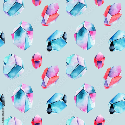 Watercolor pattern with colorful crystals on blue