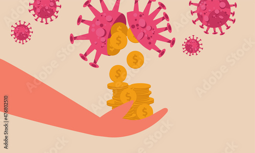 Money and coronavirus in stock market concept. Business bargain during the pandemic crisis. Gold coins pouring from the virus into the hand of people vector illustration. Investment profit income