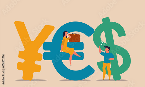 Foreign investor and fund flow of money investment euro. Global market for trade prices. Finance and business people vector concept illustration. Character partnership world trader and profit invest