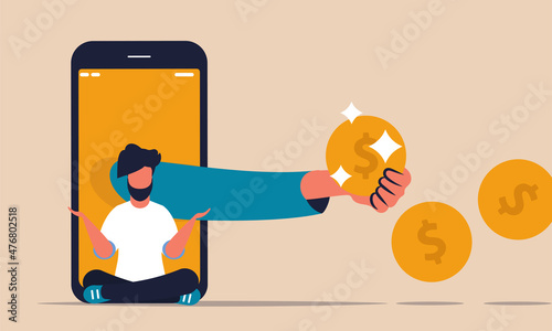 Digital bank for online purchases. Hand holds a coin to pay for goods and a man sits calm vector illustration concept. Network money and people finance with smartphone. Innovation commerce pay