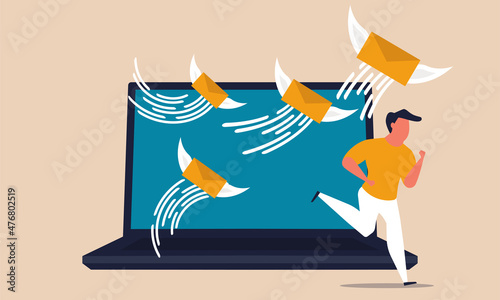 Junk email in a laptop. Anxiety and miscommunication of a man running from a office computer vector concept illustration. Digital business mail overload. People attack envelope file correspondence
