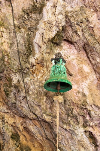 Agia Sofia chapel bell in the entrance of a cave in Kythira island