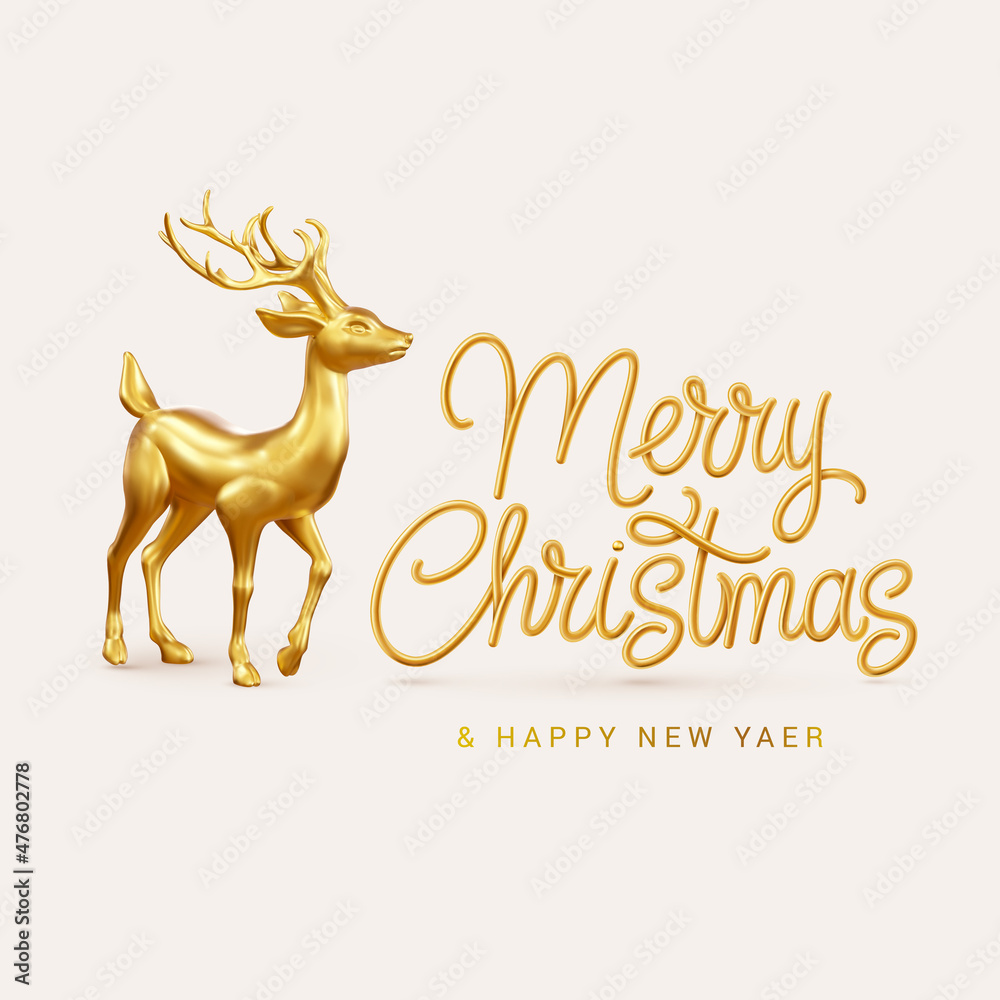 Illustration of Golden 3D Deer with Text Merry Christmas and Happy New Year. Template Banner, or Holiday Card Illustration of Golden 3D Deer with Text Merry Christmas and Happy New Year. Template Banner, or Holiday Card